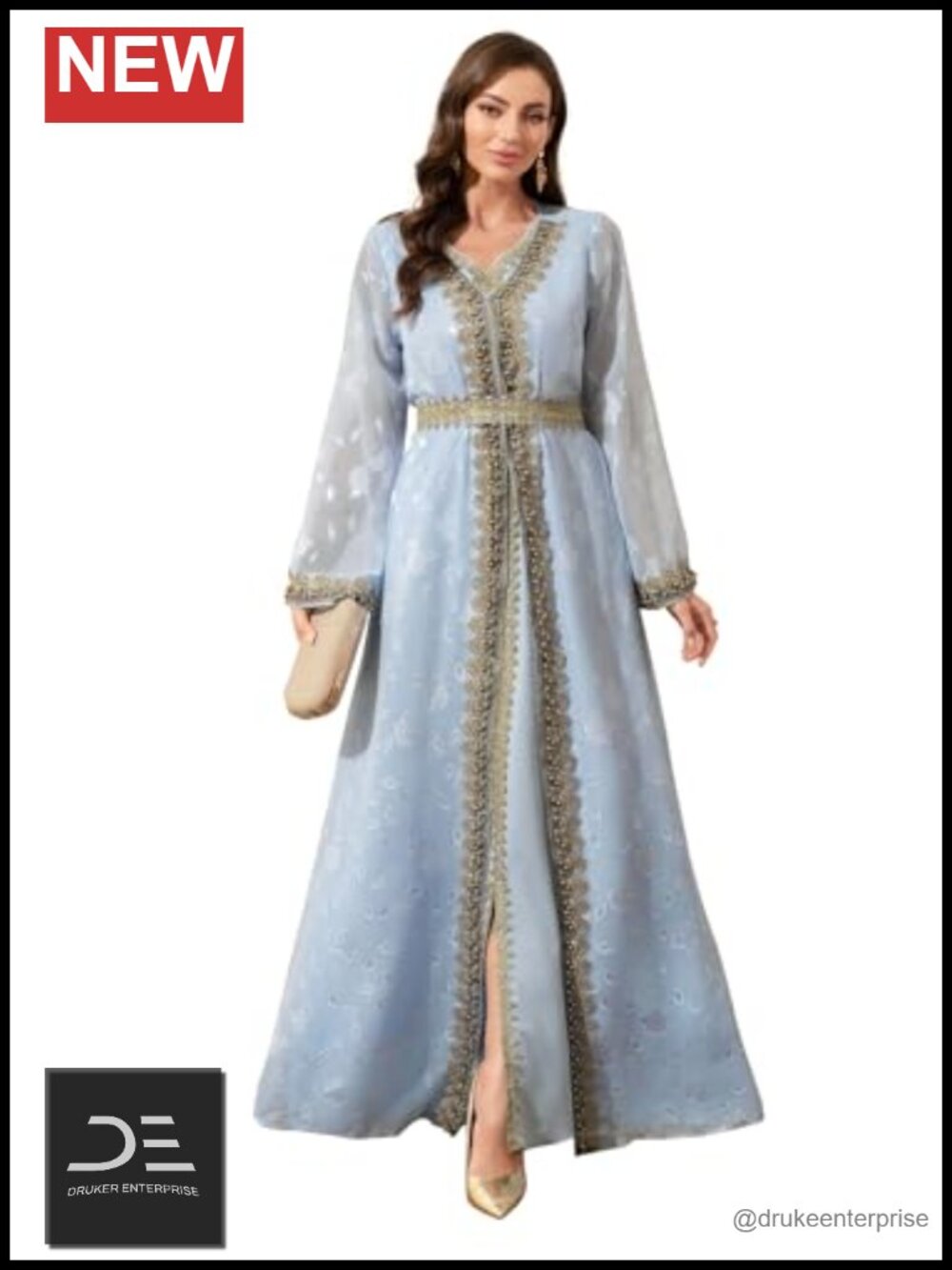 Embroidered Abaya Women Maxi Kaftan V-Neck Belted Long Sleeve Muslim Robe
